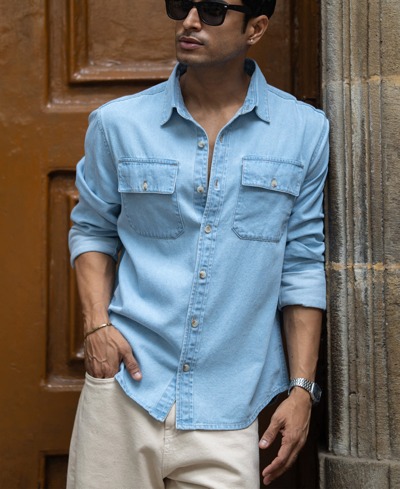blue washed denim double pocket shirt blue washed denim double pocket shirt