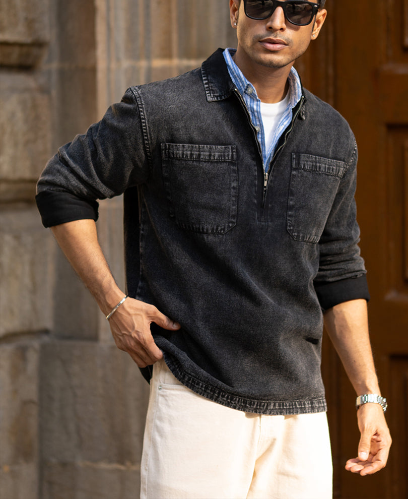 black washed denim polo shirt black washed denim polo shirt