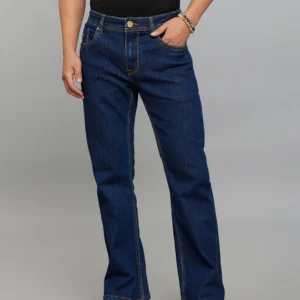 dark blue 5 pocket mid rise cropped length loose boot leg stretch jeans