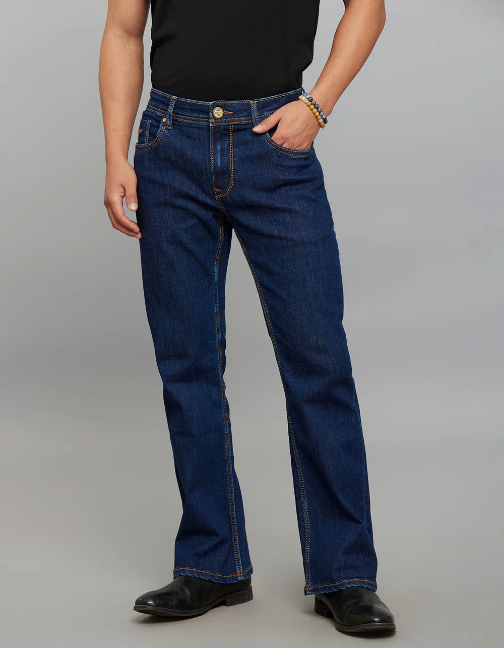 dark blue 5 pocket mid rise cropped length loose boot leg stretch jeans dark blue 5 pocket mid rise cropped length loose boot leg stretch jeans