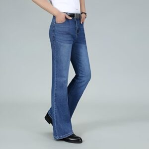 dk blue 5 pocket mid rise loose boot leg jeans