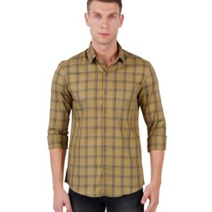 mustard and off white checks regular fit full sleeves shirt