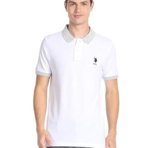 men’s white polo t shirt with contrast collar & hem detail