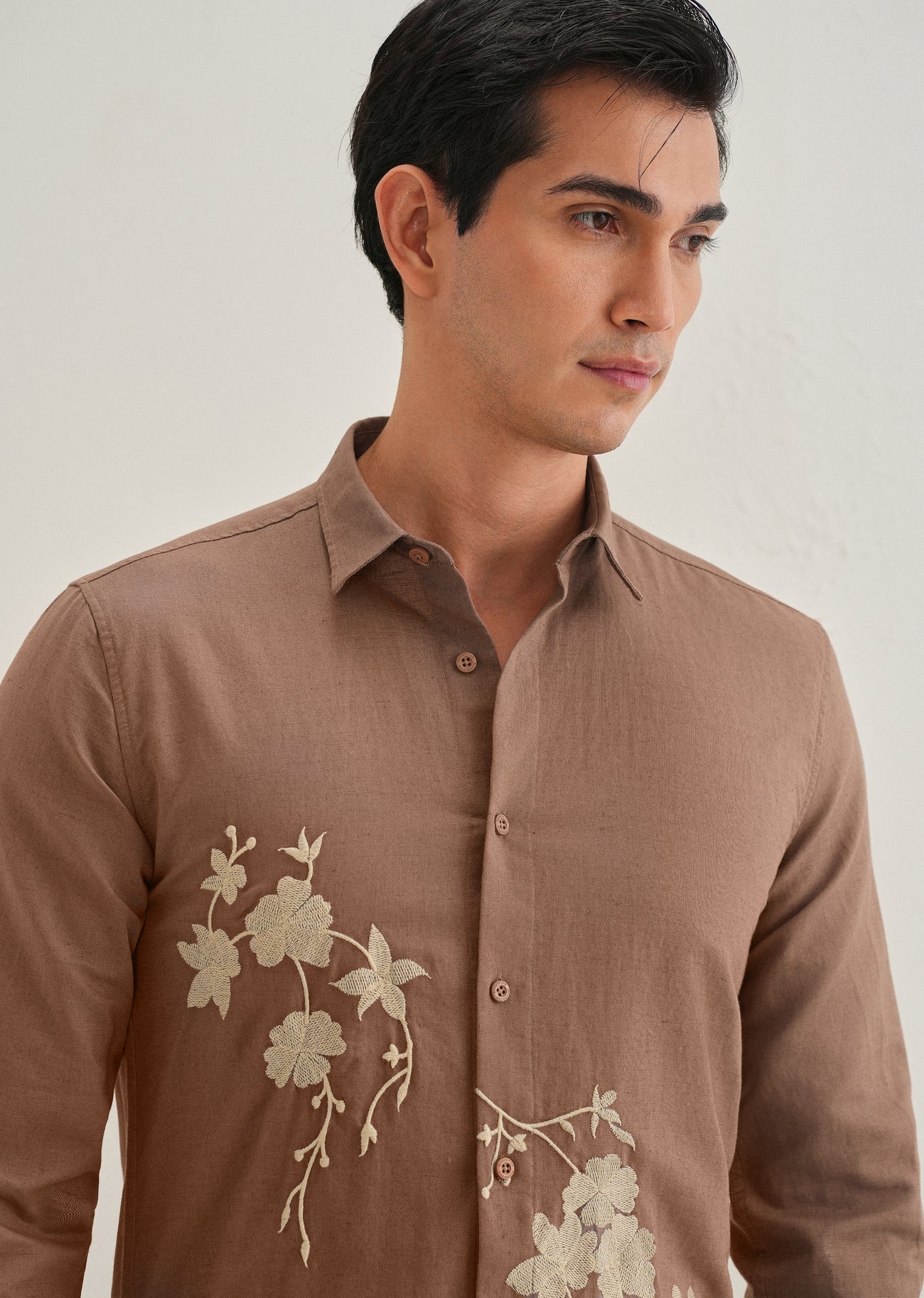 dark brown linen blend embroidery shirt dark brown linen blend embroidery shirt
