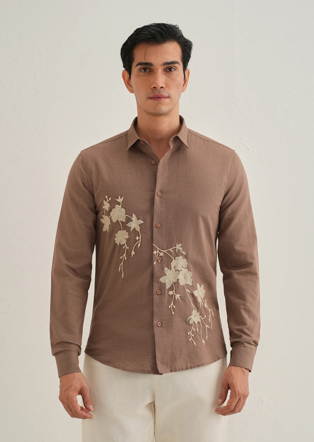 dark brown linen blend embroidery shirt dark brown linen blend embroidery shirt