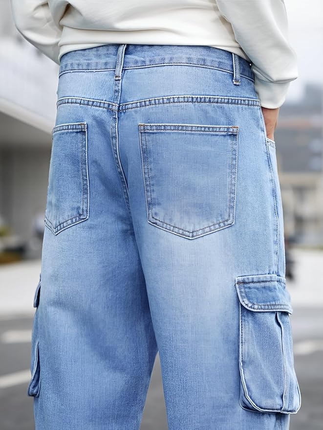 ice blue baggy fit cargo denim jeans ice blue baggy fit cargo denim jeans