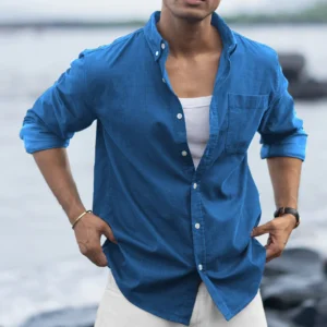 cerulean blue linen blend shirt