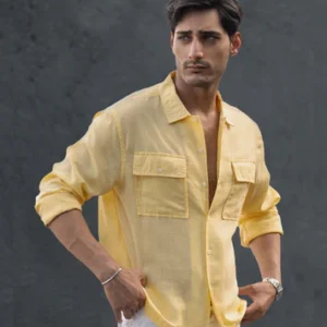 yellow linen double pocket shirt