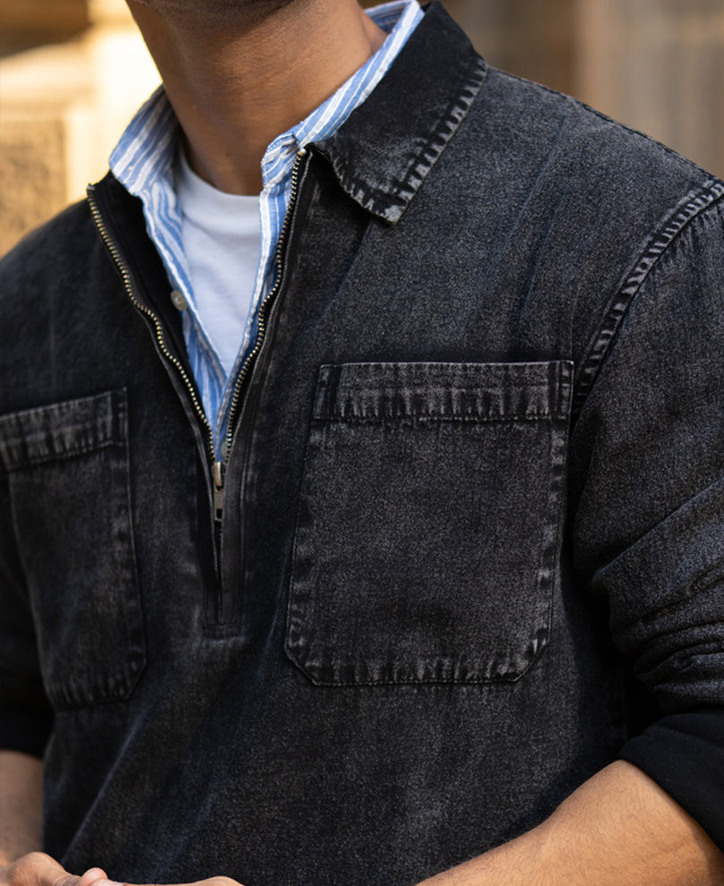 black washed denim polo shirt black washed denim polo shirt