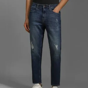 dark blue 5 pocket low rise tapered ankle length knit denim jeans