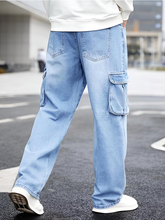 ice blue baggy fit cargo denim jeans ice blue baggy fit cargo denim jeans
