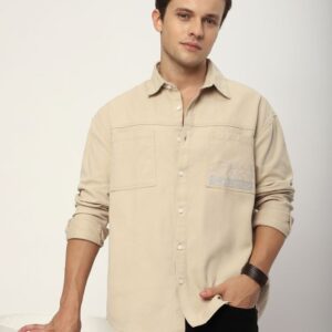 cream linen double pocket shirt