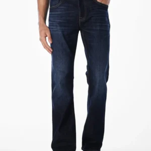 dark blue 5 pocket mid rise loose boot leg stretch jeans