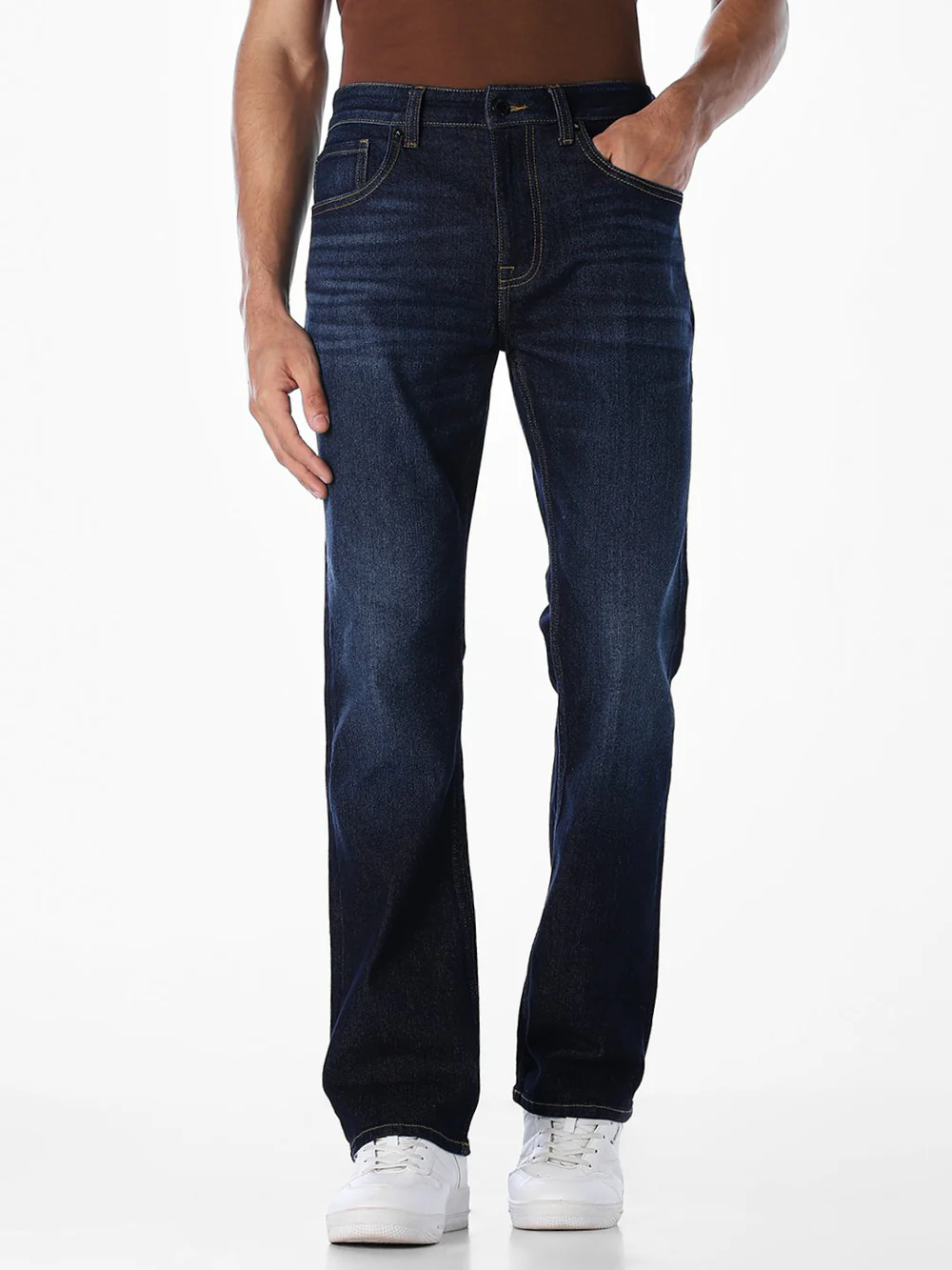 dark blue 5 pocket mid rise loose boot leg stretch jeans dark blue 5 pocket mid rise loose boot leg stretch jeans