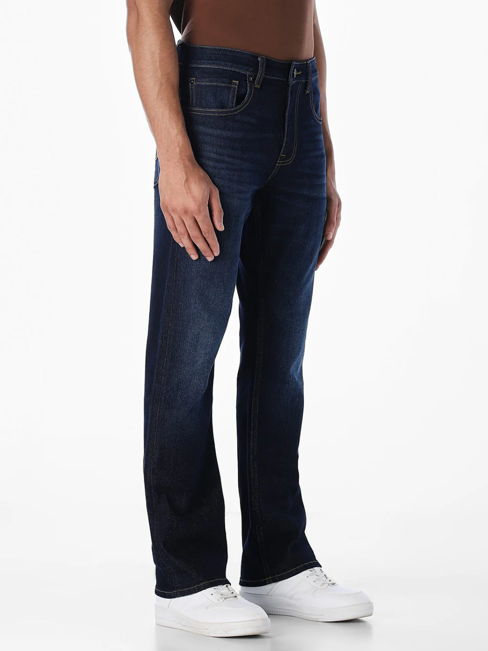 dark blue 5 pocket mid rise loose boot leg stretch jeans dark blue 5 pocket mid rise loose boot leg stretch jeans