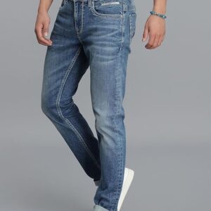 dk blue 5 pocket mid rise slim straight fit jeans