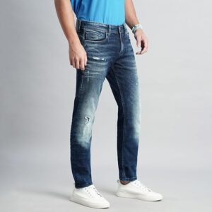 dk blue 5 pocket mid rise slim straight fit jeans