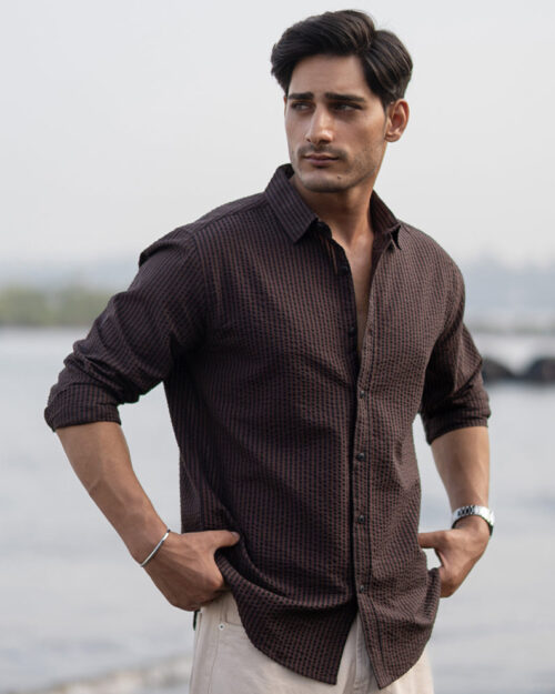 brown seer sucker stripe shirt