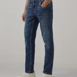 dark blue 5 pocket low rise tapered ankle length stretch jeans