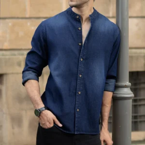 mandarin collar denim shirt