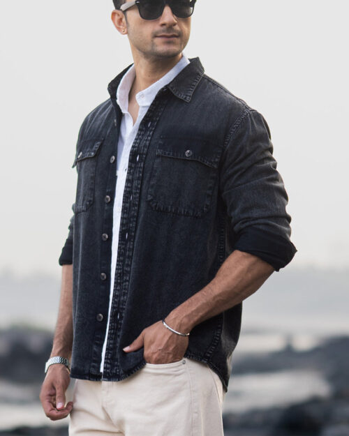 black charcoal washed denim shirt