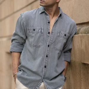 grey denim shirt with pockets