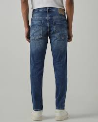 medium blue 5 pocket low rise tapered ankle length stretch jeans