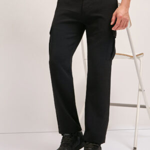black textured waffle weave straight fit cargo pants with flap pockets