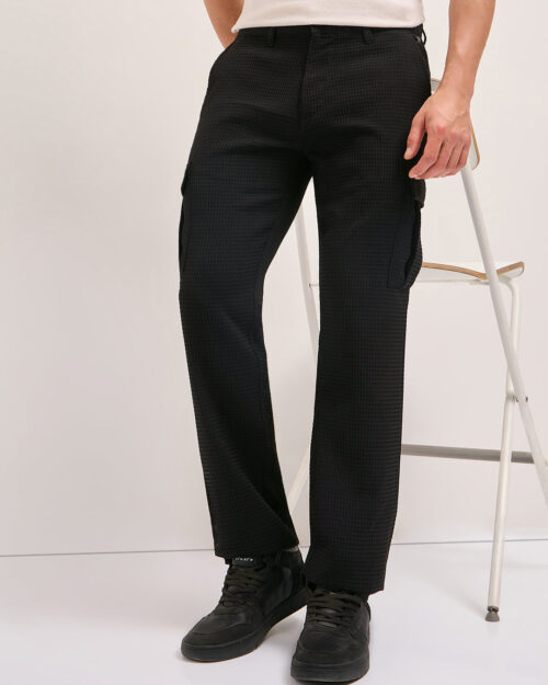 black textured waffle weave straight fit cargo pants with flap pockets