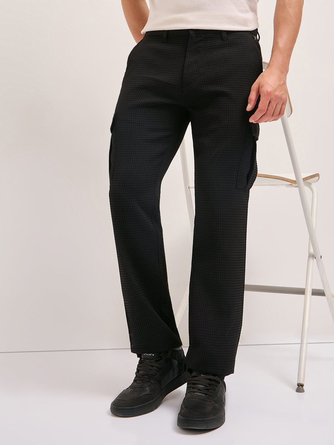 black textured waffle weave straight fit cargo pants with flap pockets black textured waffle weave straight fit cargo pants with flap pockets