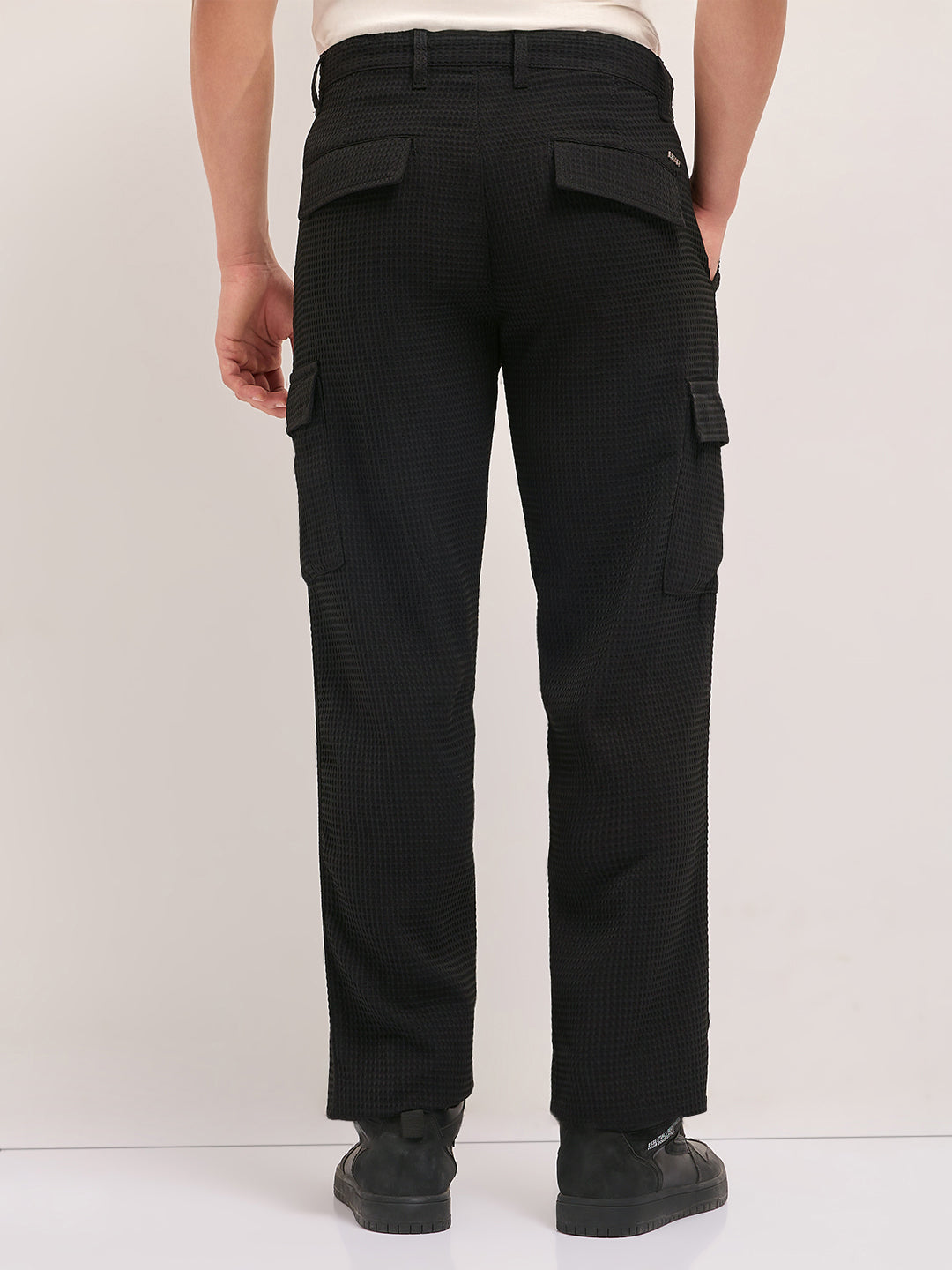 black textured waffle weave straight fit cargo pants with flap pockets black textured waffle weave straight fit cargo pants with flap pockets