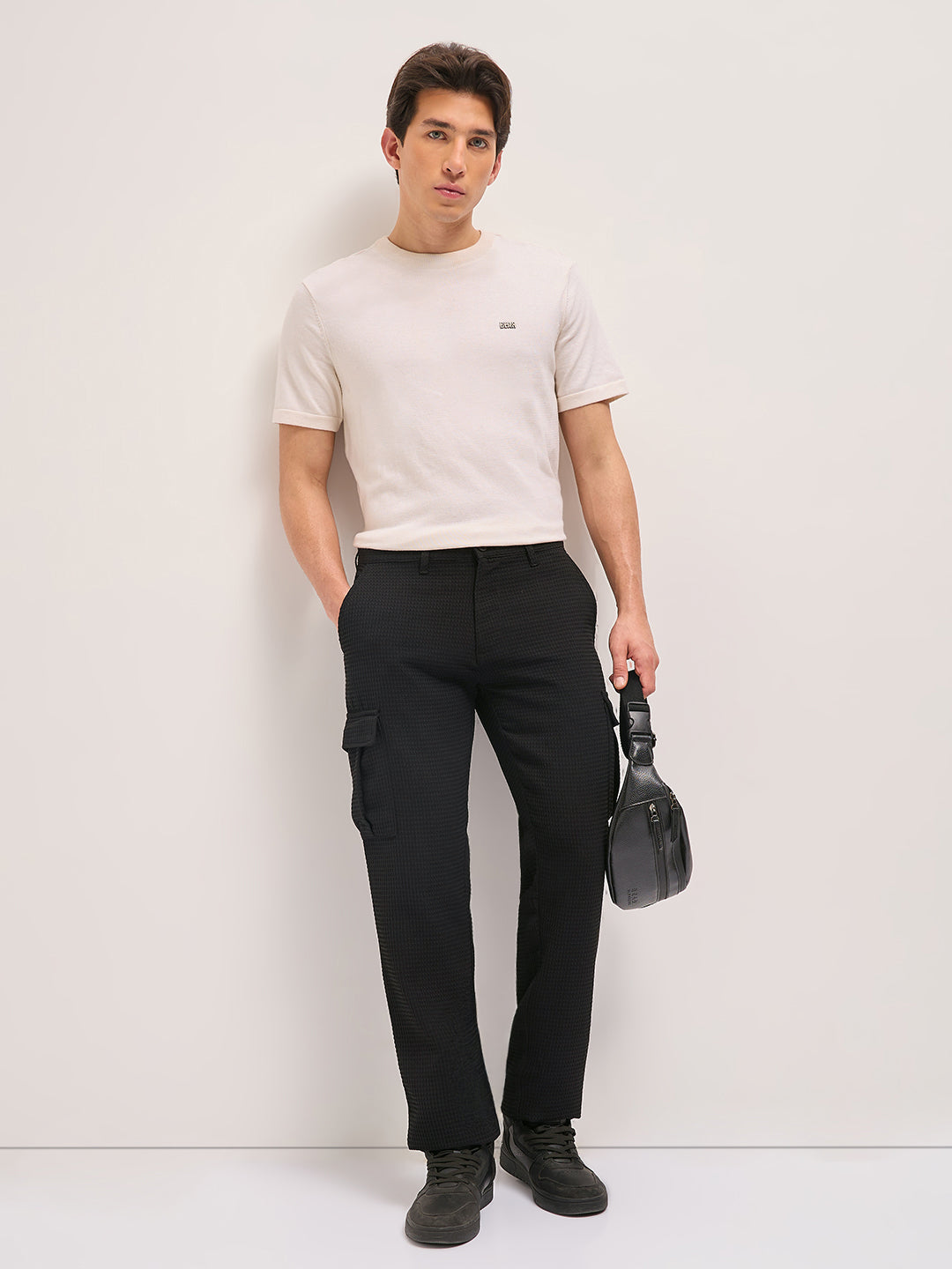 black textured waffle weave straight fit cargo pants with flap pockets black textured waffle weave straight fit cargo pants with flap pockets