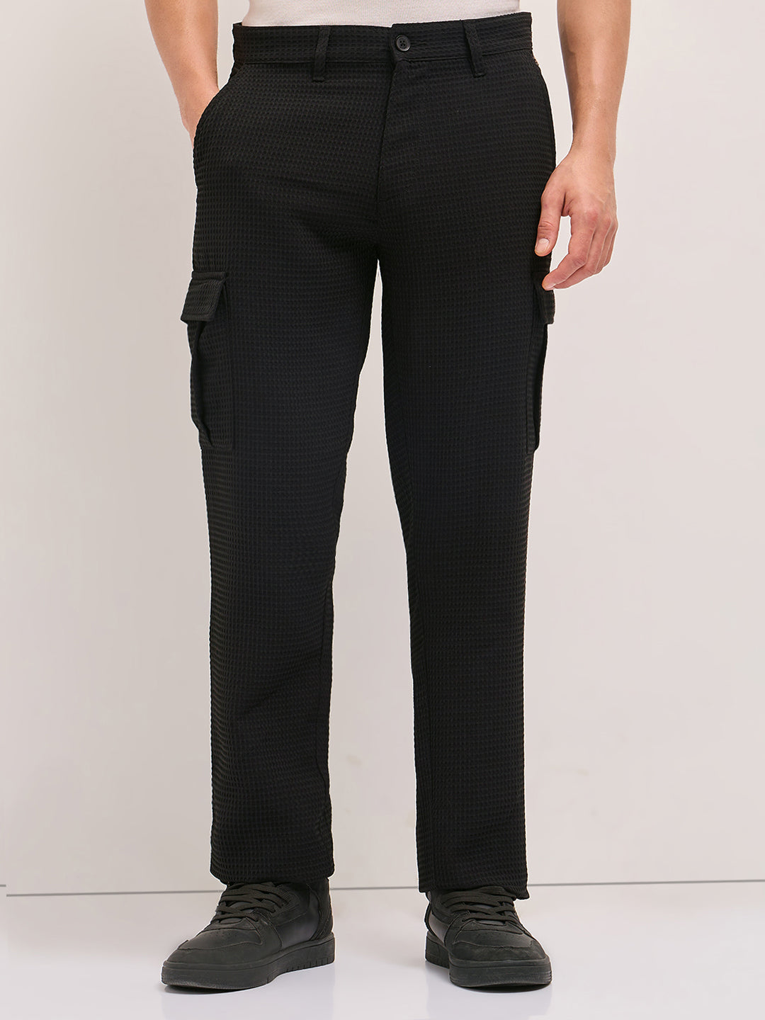 black textured waffle weave straight fit cargo pants with flap pockets black textured waffle weave straight fit cargo pants with flap pockets