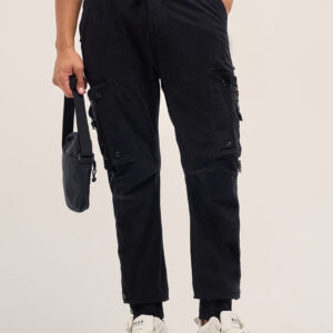 black cotton relaxed fit cargo pants with elastic waist and utility pockets