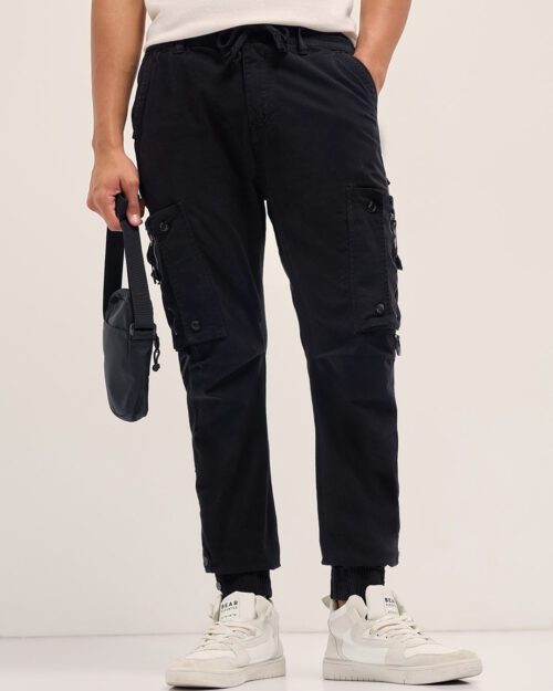 black cotton relaxed fit cargo pants with elastic waist and utility pockets