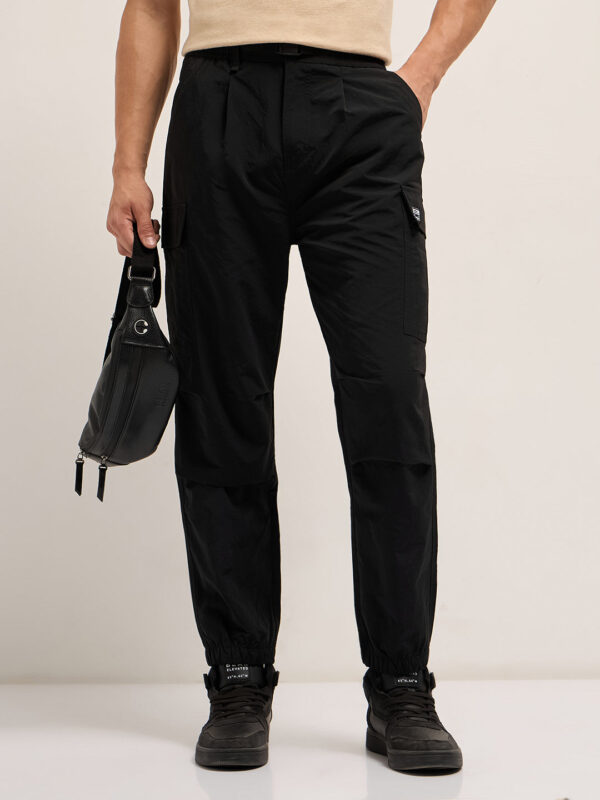 black nylon relaxed fit cargo pants with utility pockets
