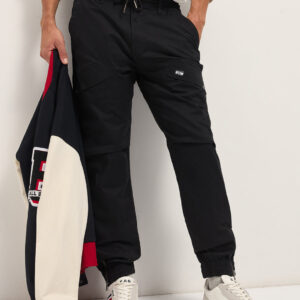 black cotton relaxed fit cargo pants with elastic waist and utility pockets