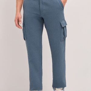 blue textured waffle weave straight fit cargo pants with flap pockets