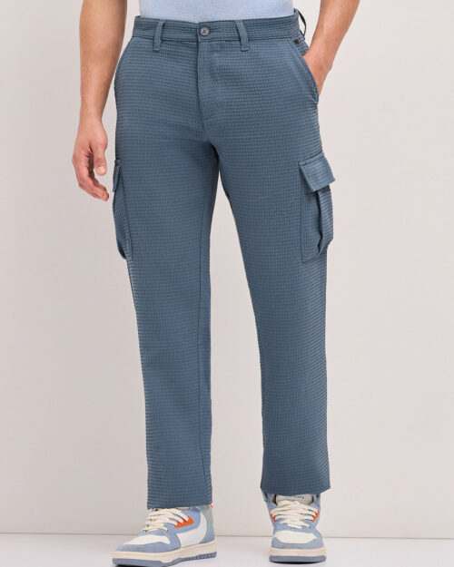 blue textured waffle weave straight fit cargo pants with flap pockets
