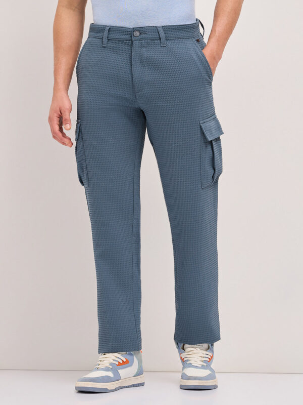 blue textured waffle weave straight fit cargo pants with flap pockets