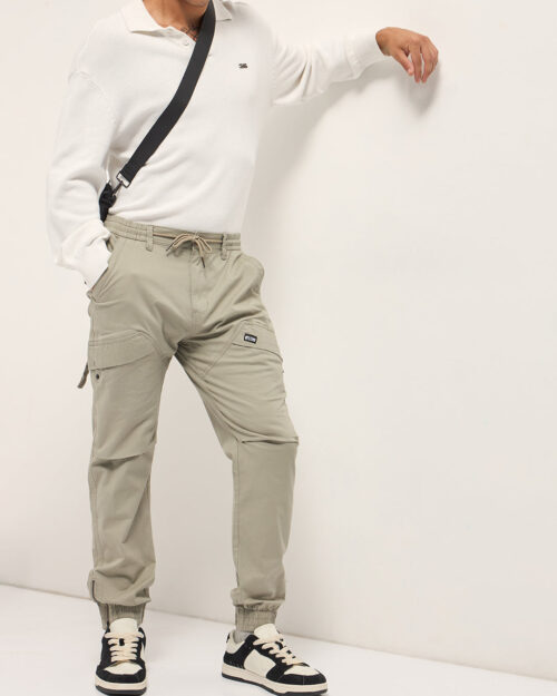 Home beige cotton relaxed fit cargo pants with elastic waist and utility pockets