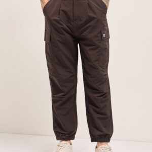 brown nylon relaxed fit cargo pants with utility pockets