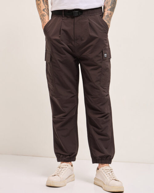 brown nylon relaxed fit cargo pants with utility pockets