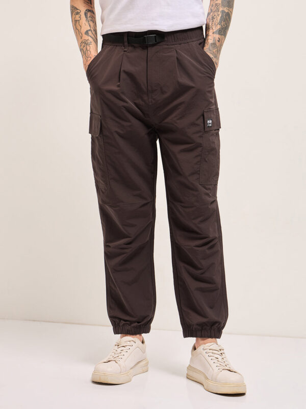 brown nylon relaxed fit cargo pants with utility pockets