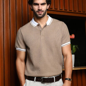 beige textured polo t shirt with contrast collar