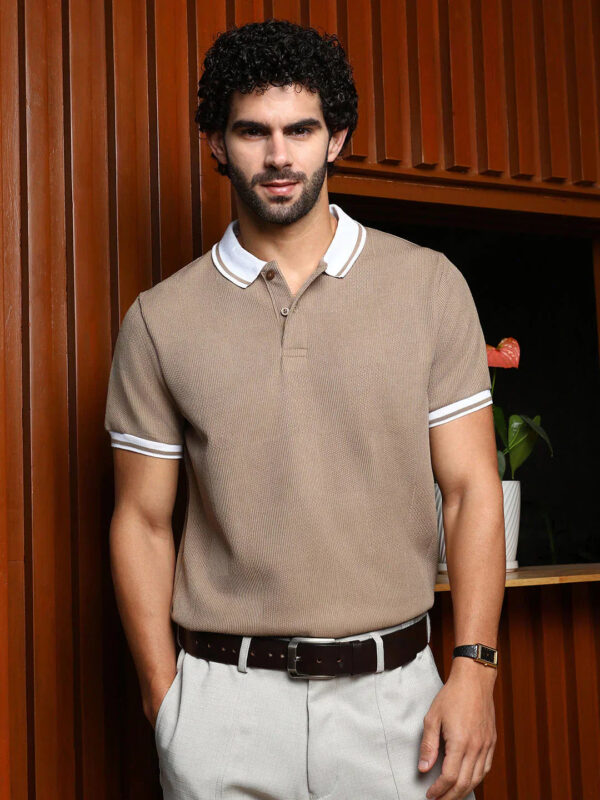 beige textured polo t shirt with contrast collar