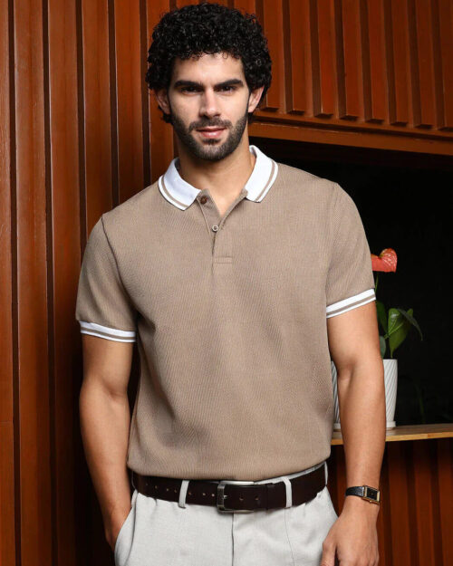 Home beige textured polo t shirt with contrast collar
