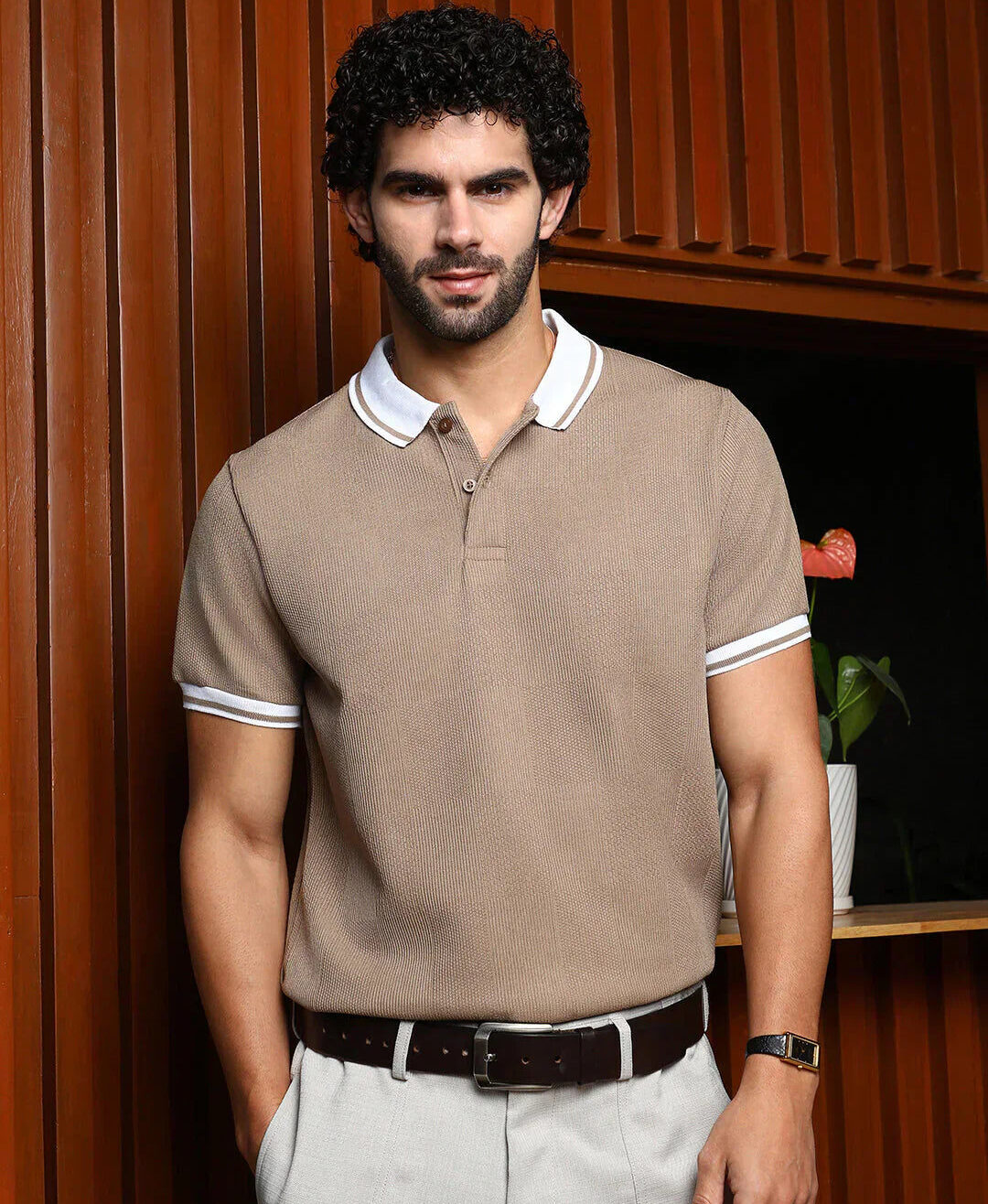 beige textured polo t shirt with contrast collar beige textured polo t shirt with contrast collar