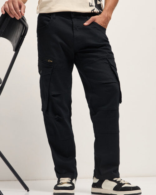 black solid straight fit cargo denim with utility pockets