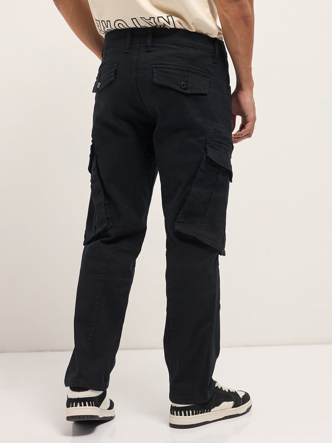 black solid straight fit cargo denim with utility pockets black solid straight fit cargo denim with utility pockets